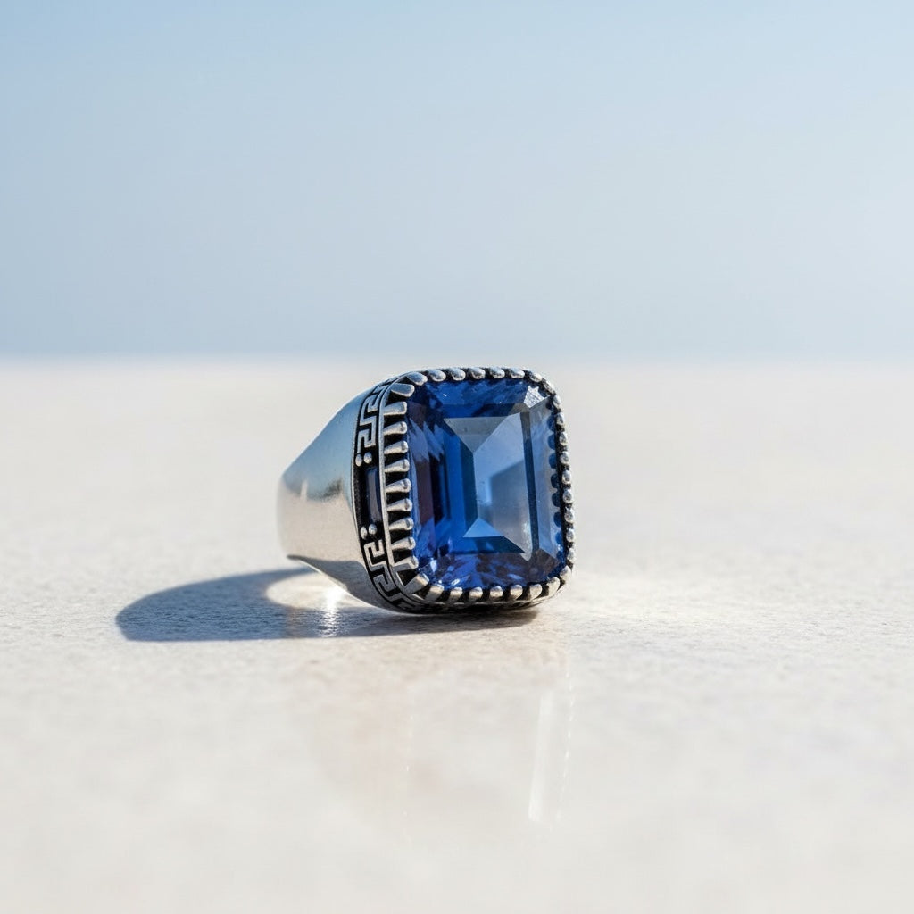 Zilveren heren ring met blauwe steen