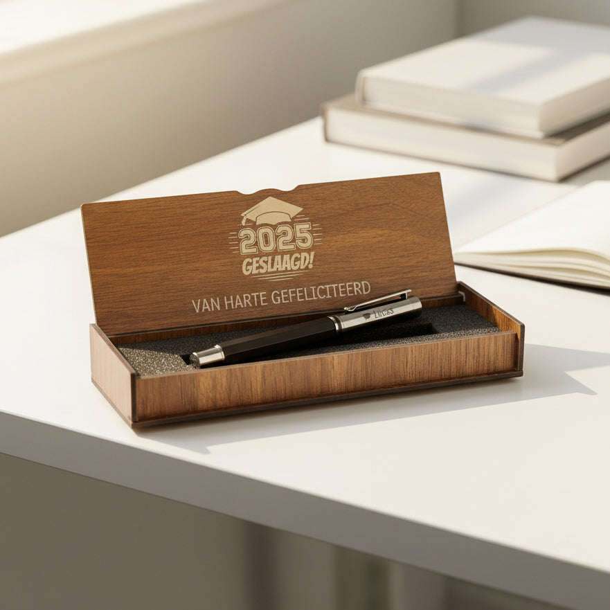Gepersonaliseerde Luxe Pen Set - Gegraveerd Houten Doosje - Geslaagd Cadeau
