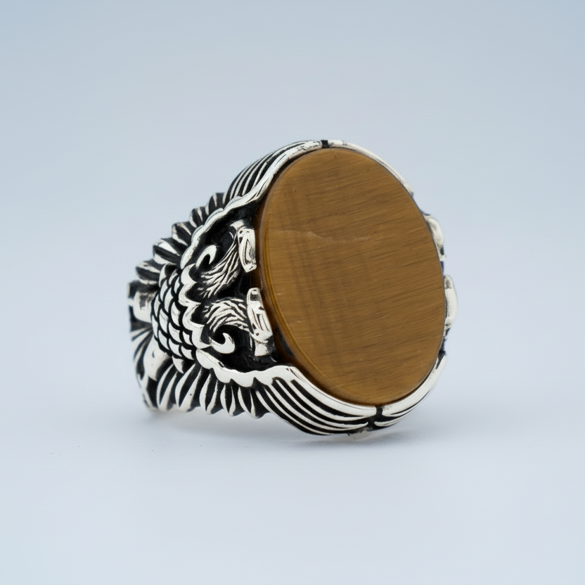 Tijgeroog Steen Dubbelkoppige Adelaar Sterling Zilveren Ring BLK004