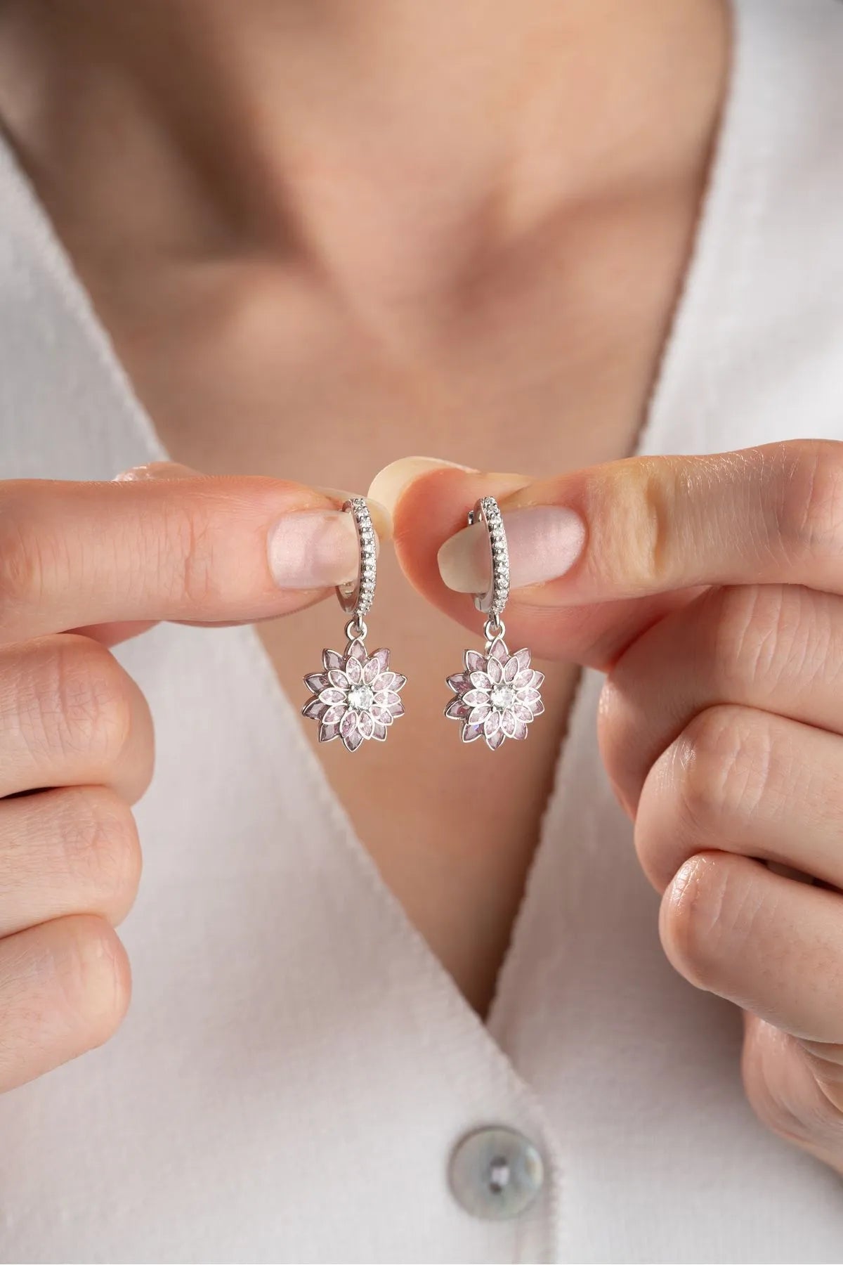 925 Sterling Zilveren Lotus Oorbellen met Roze Steentjes