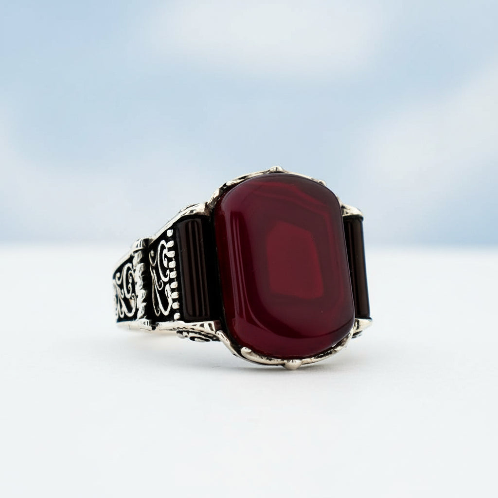 925 Zilveren Heren Ring Met Rode Agaat Steen ORTBL170