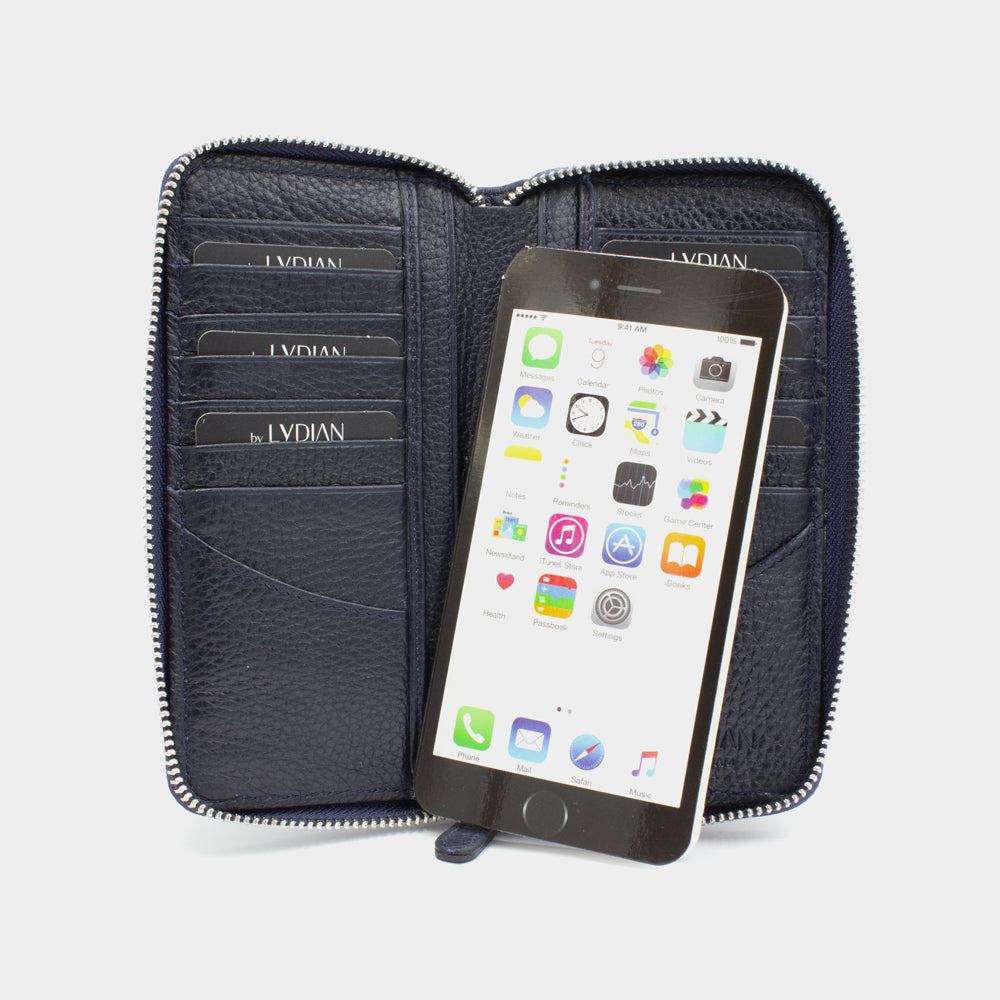 Blauwe Leren Smartphone Portemonnee met 16 vakjes BLW3016-L