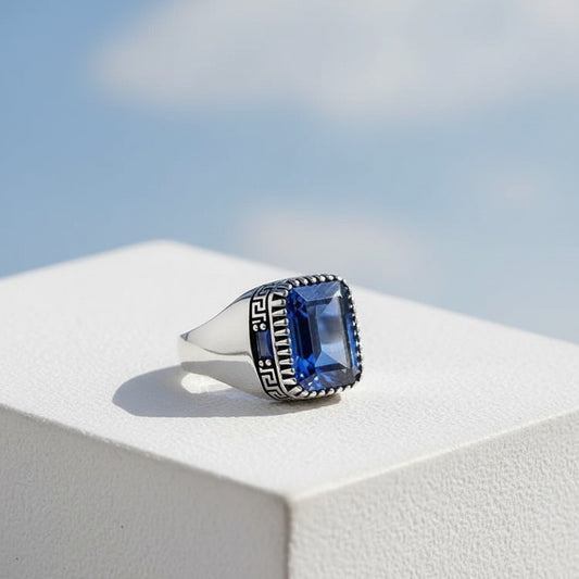 Zilveren heren ring met blauwe steen