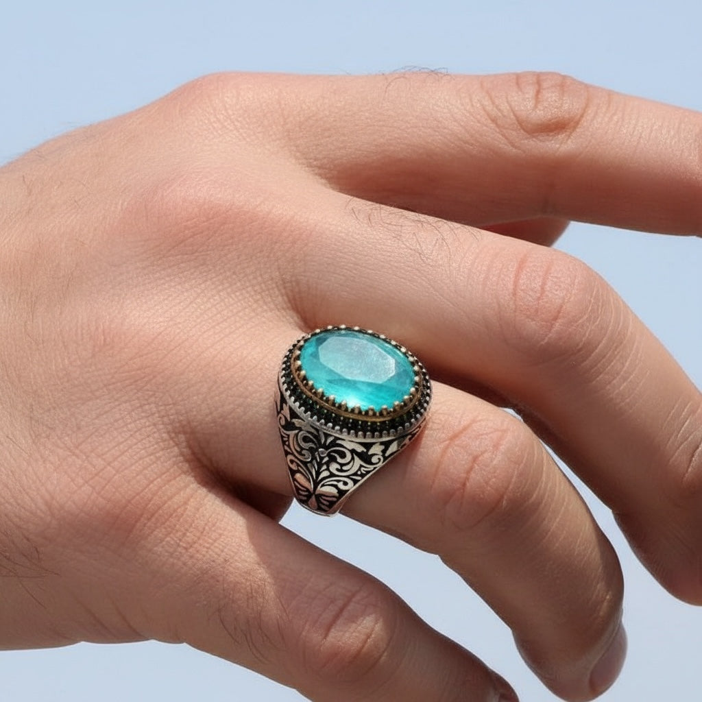 Herenring met Paraiba Steen – 925 Sterling Zilver