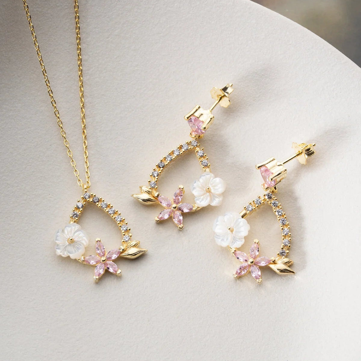 Blossom Aurora Zilveren Set met Moederparel en Roze Stenen