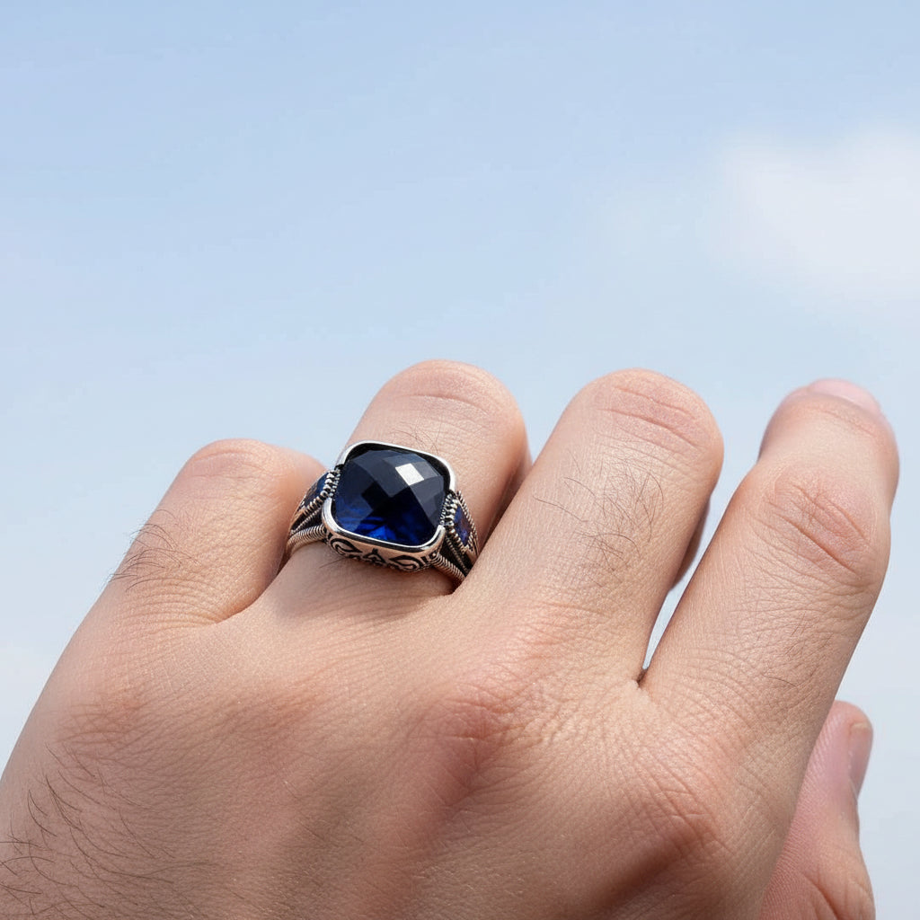 925 Zilveren Herenring met Blauwe Steen