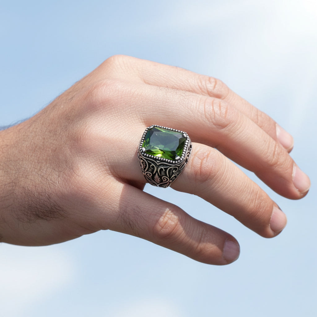 925 Sterling Zilveren Herenring met Khaki Zirkoon Steen
