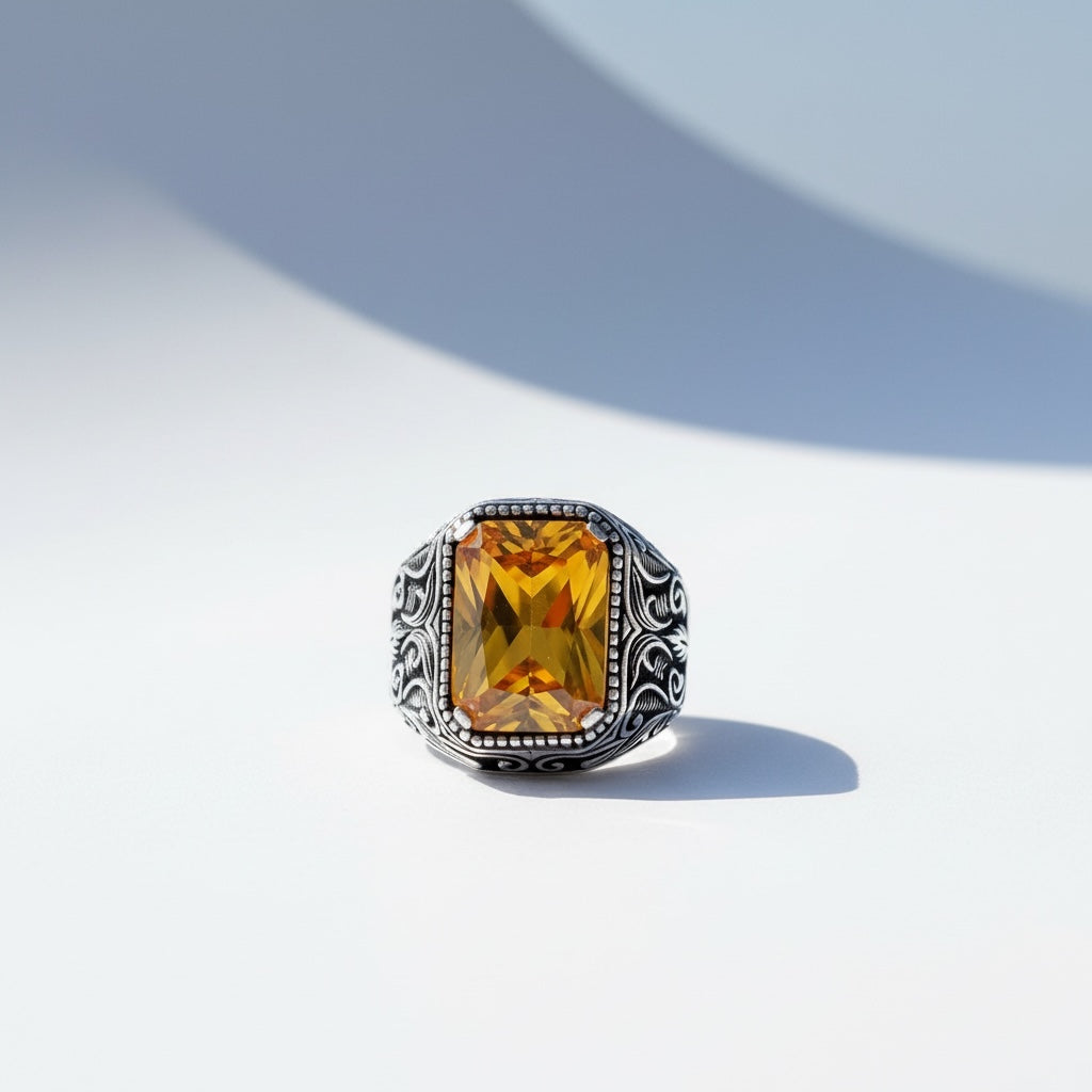 925 Sterling Zilveren Herenring met Gele Zirkoon Steen