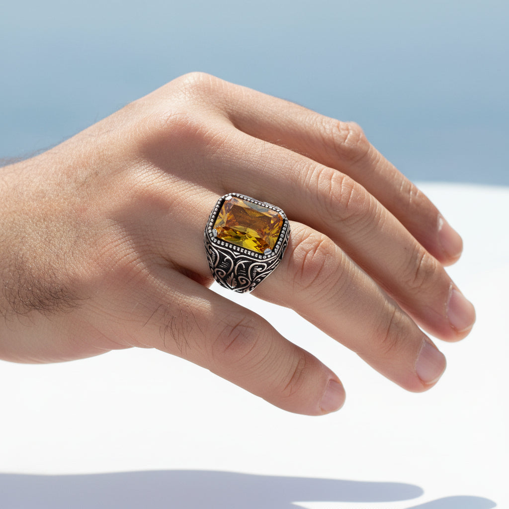 925 Sterling Zilveren Herenring met Gele Zirkoon Steen