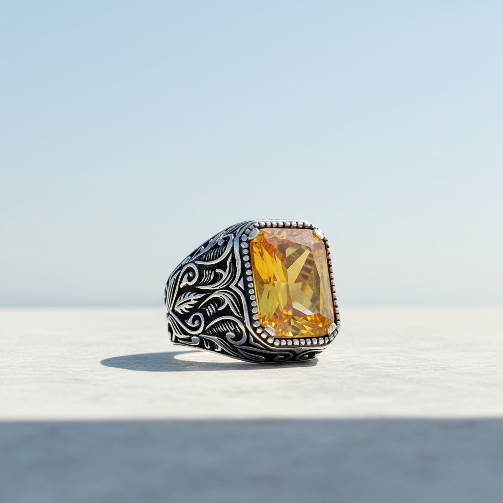 925 Sterling Zilveren Herenring met Gele Zirkoon Steen