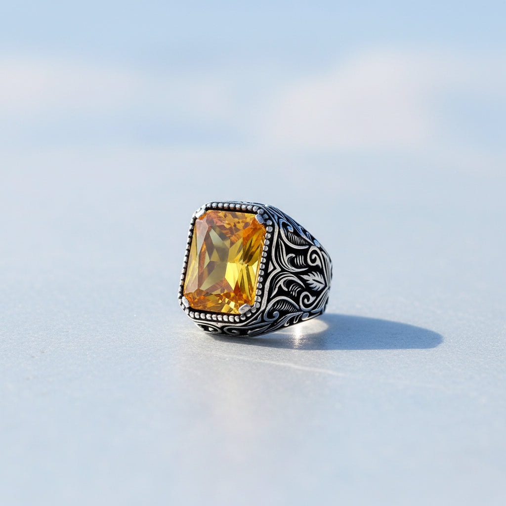 925 Sterling Zilveren Herenring met Gele Zirkoon Steen