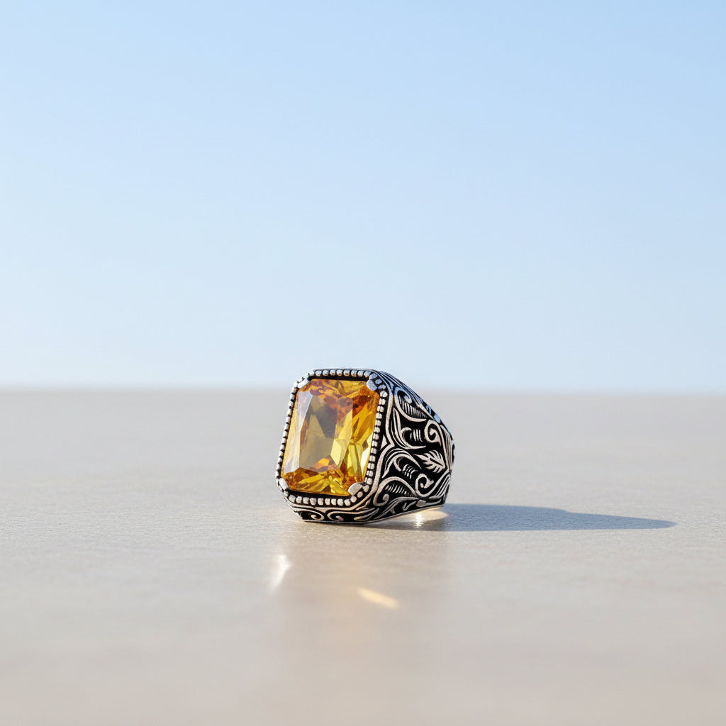 925 Sterling Zilveren Herenring met Gele Zirkoon Steen
