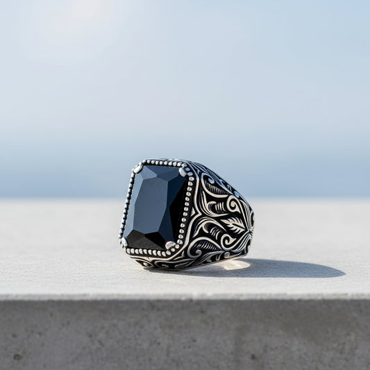 925 Sterling Zilveren Herenring met Zwarte Zirkoon Steen