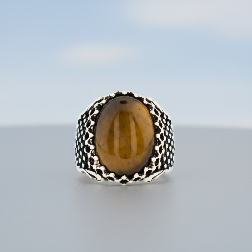 Ovale Tijgeroogsteen Sterling Zilveren Ring BLK001