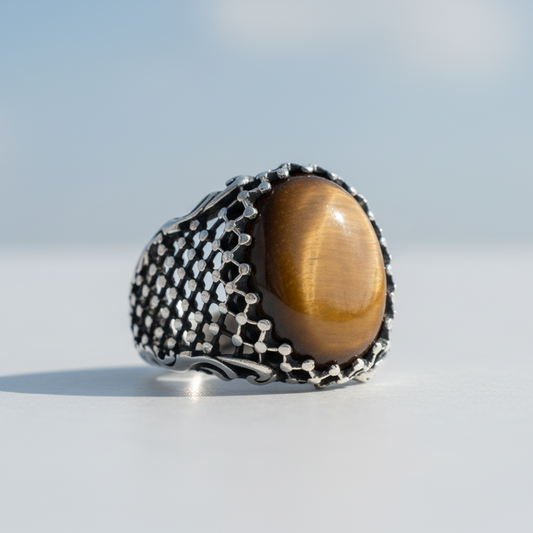 Ovale Tijgeroogsteen Sterling Zilveren Ring BLK001