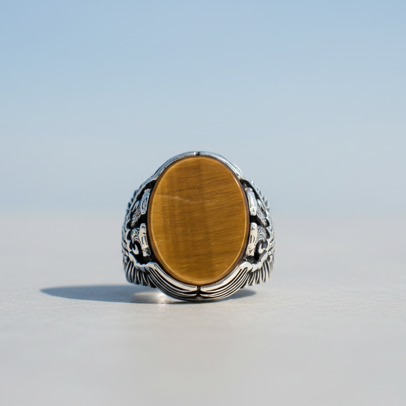 Tijgeroog Steen Dubbelkoppige Adelaar Sterling Zilveren Ring BLK004