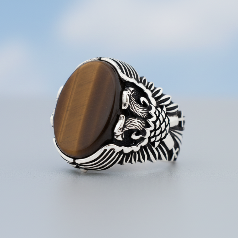 Tijgeroog Steen Dubbelkoppige Adelaar Sterling Zilveren Ring BLK004