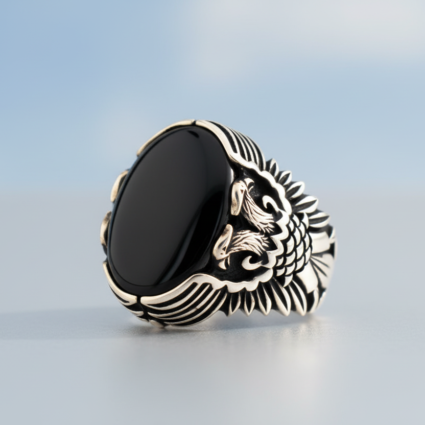 Dubbelkoppige Onyxsteen Zilveren Ring BLK009