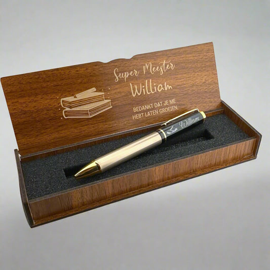 Cadeau voor meester- Schrijfset met Gegraveerde Houten Doosje