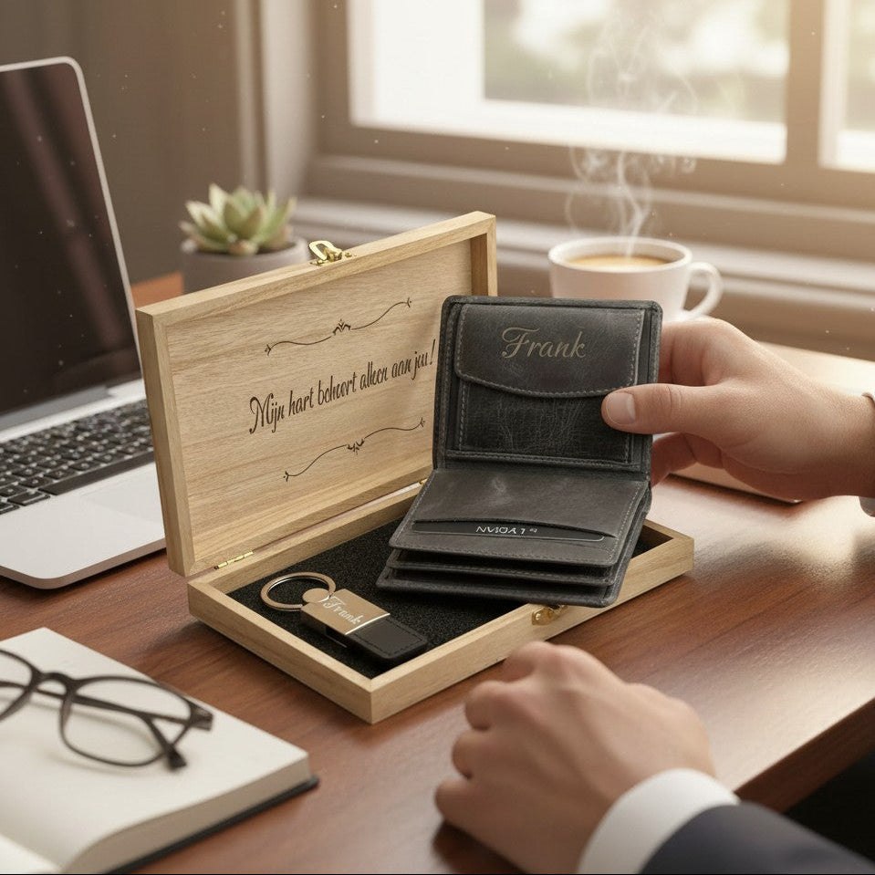 Gepersonaliseerde Geschenkset - Grijze Portemonnee - Sleutelhanger - Gift Set