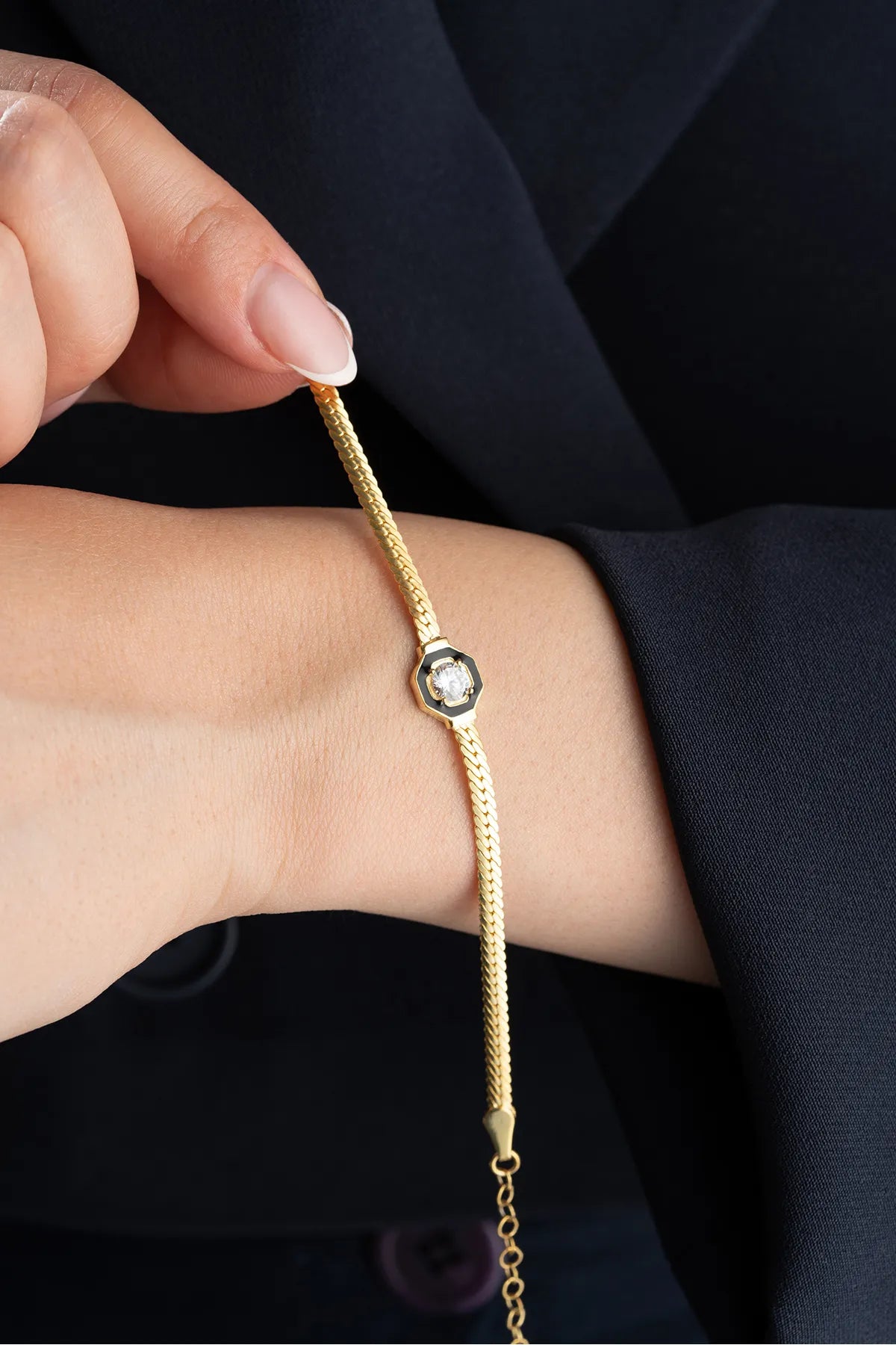 925 Sterling Zilveren Armband met Goudlaag & Zwarte Emaille