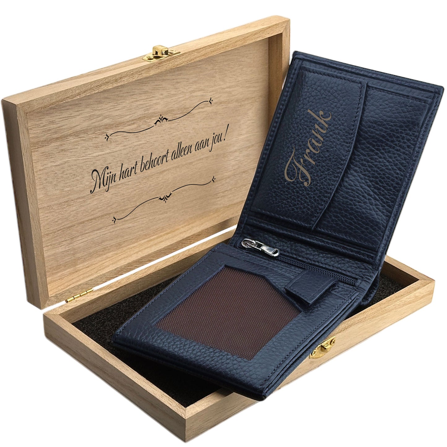 Donker Blauwe Leren Portemonnee Met Naam BLW050-L