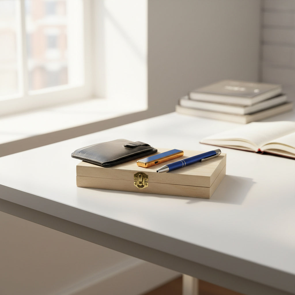 Gepersonaliseerde Leren Kaartenhouder, USB Aansteker & Blauwe Pen Cadeauset