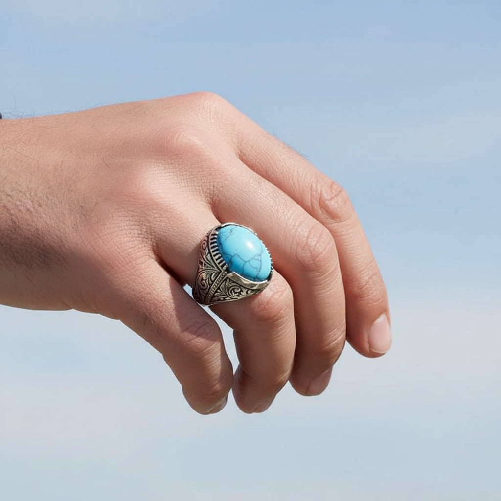 925 Sterling Zilveren Herenring met Turquoise Steen
