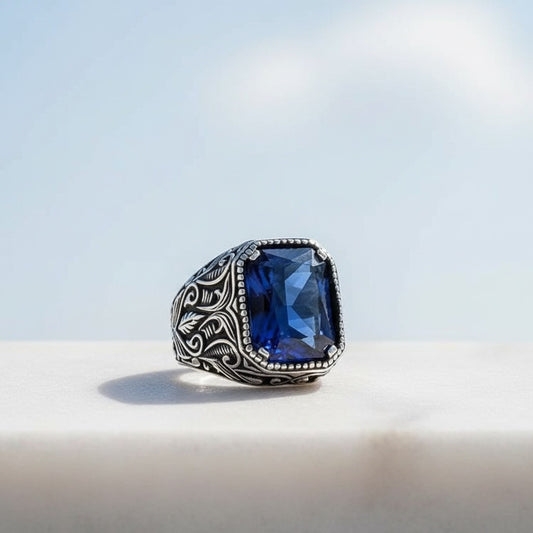 Zilveren heren ring met blauwe steen