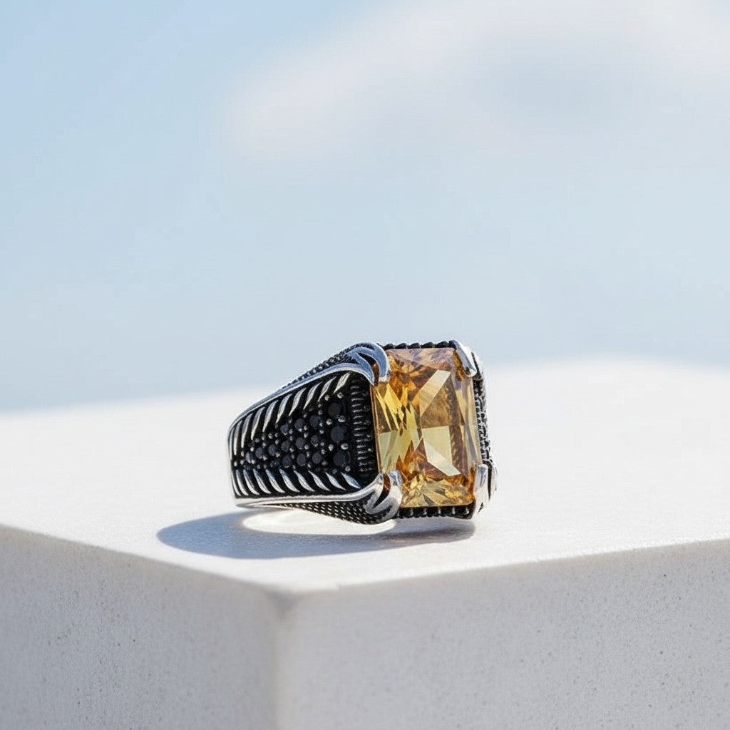 925 Sterling Zilveren Ring met Gele Zirconia Steen