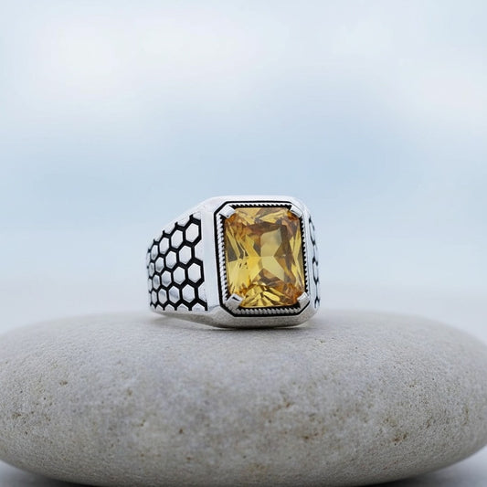 925 Sterling Zilveren Ring met Gele Zirconia Steen