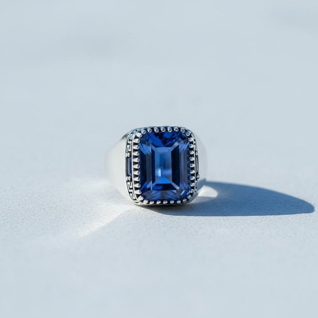 Zilveren heren ring met blauwe steen