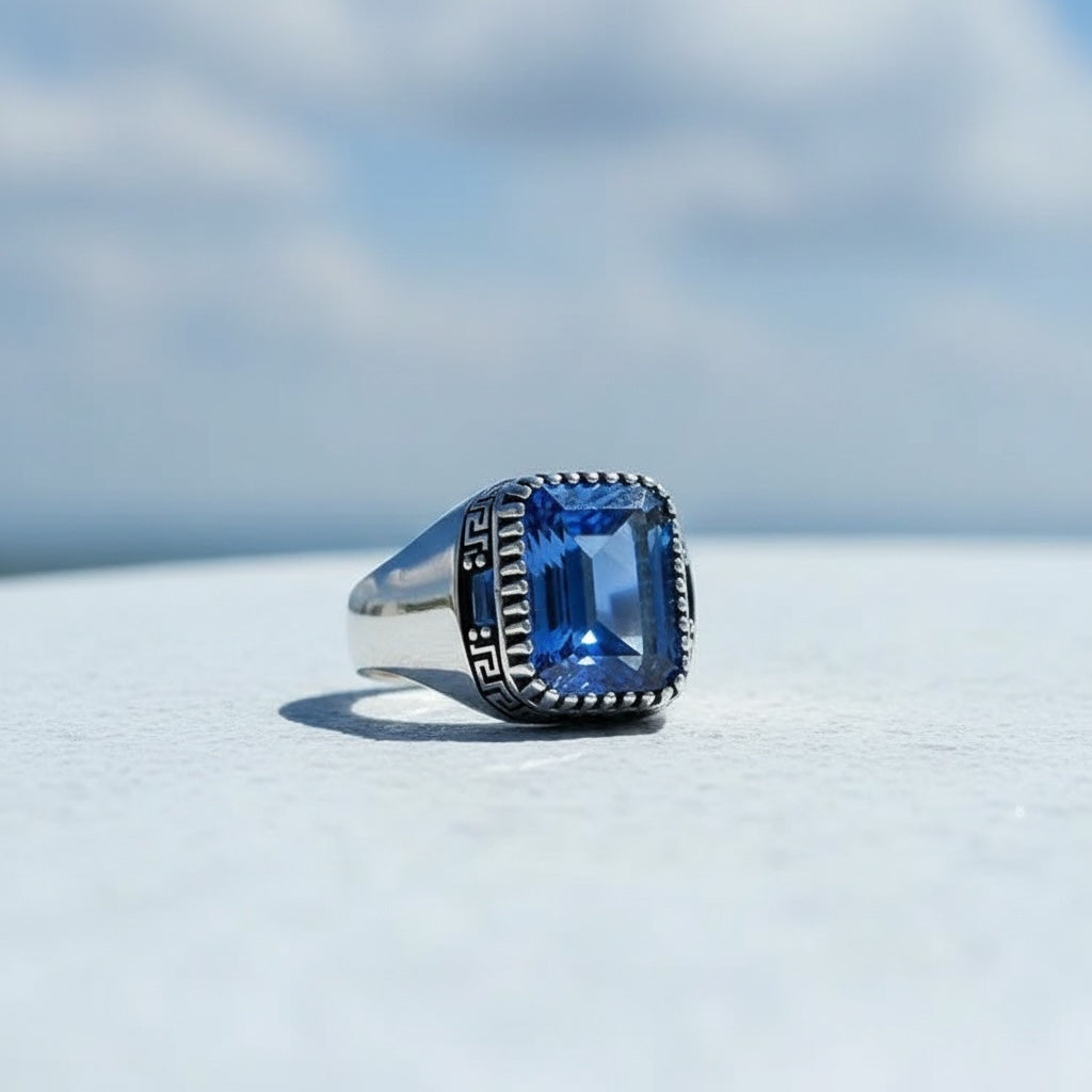 Zilveren heren ring met blauwe steen