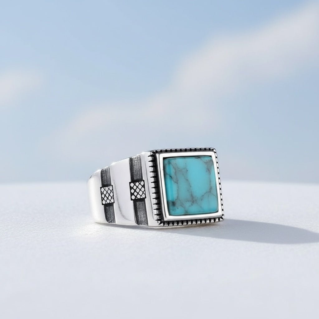 925 Sterling Zilveren Herenring met Turquoise Steen