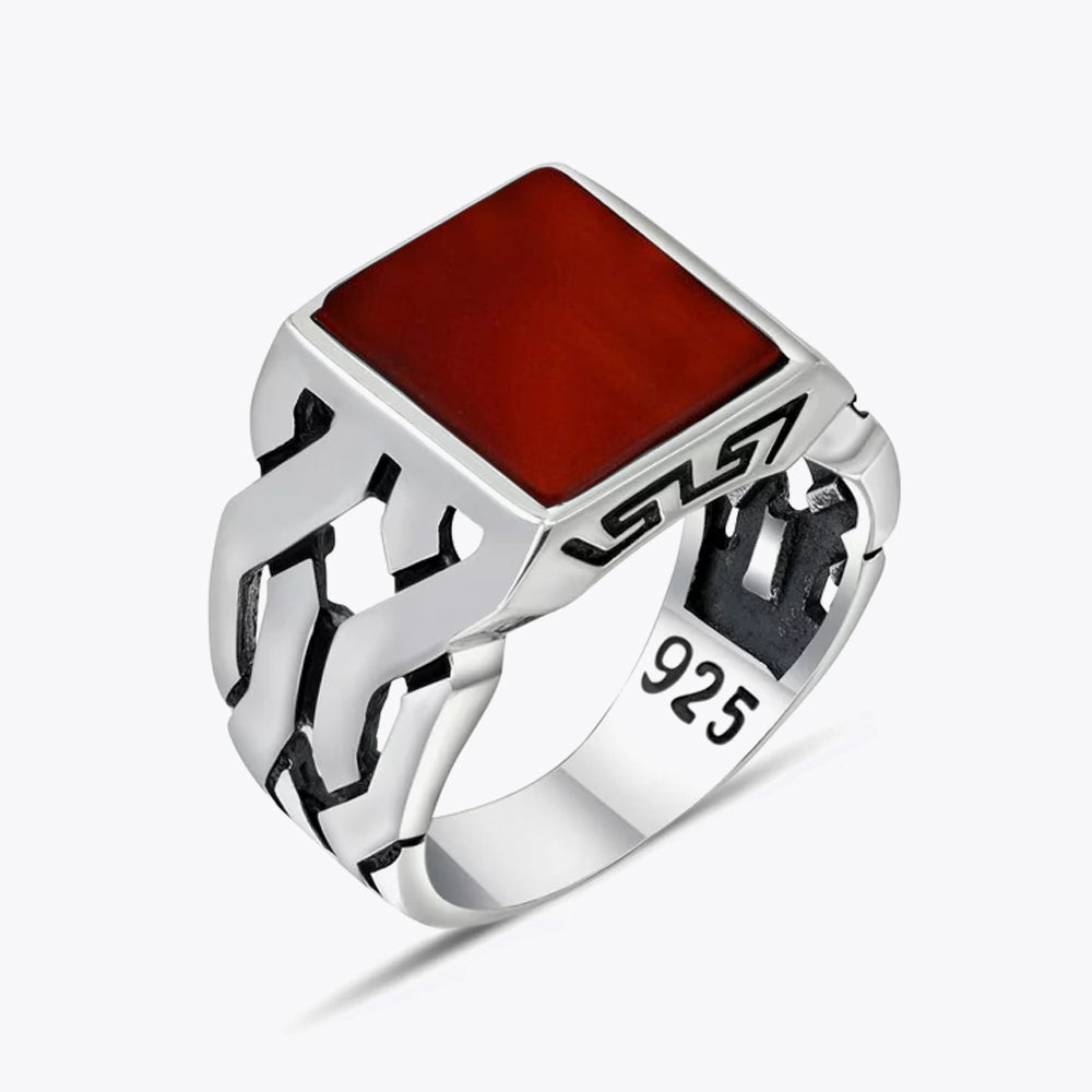 925 Zilveren Herenring Met Rode Agaat Steen LMR505