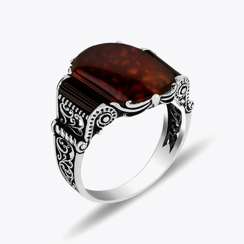 925 Zilveren Heren Ring Met Rode Agaat Steen ORTBL170