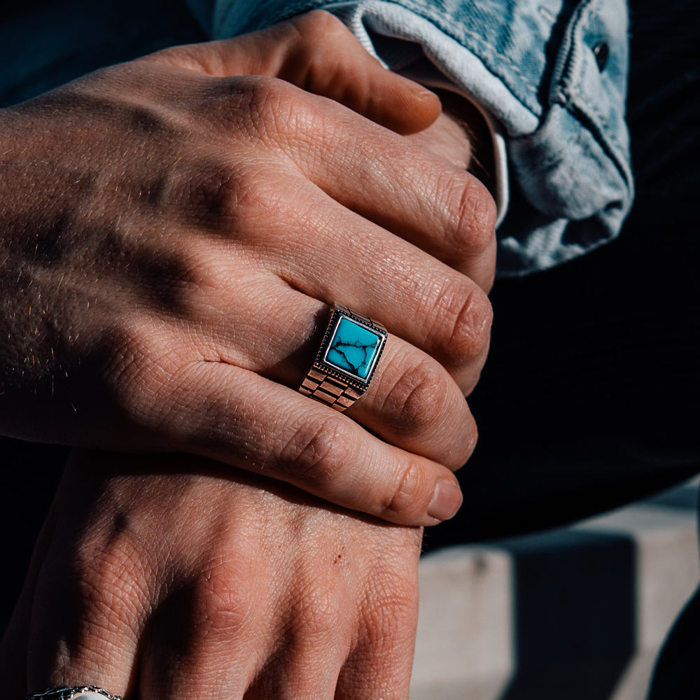 925 sterling zilveren herenring met turkoois steen, handgemaakt – BYLYDIAN

