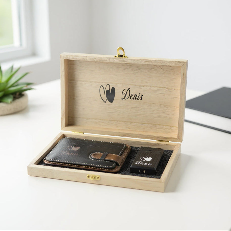 Gepersonaliseerde Leren Kaarthouder & Aansteker Cadeauset
