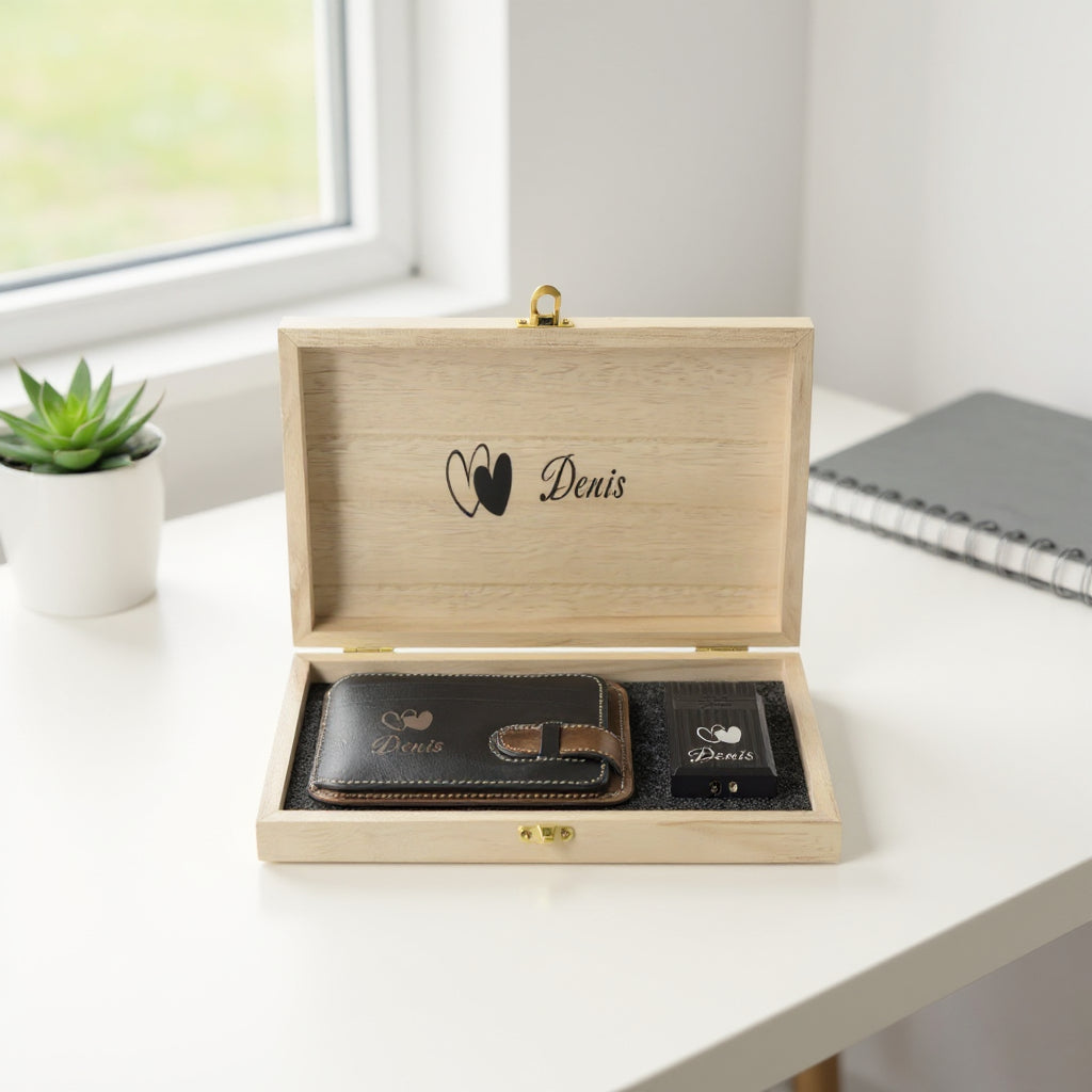 Gepersonaliseerde Leren Kaarthouder & Aansteker Cadeauset