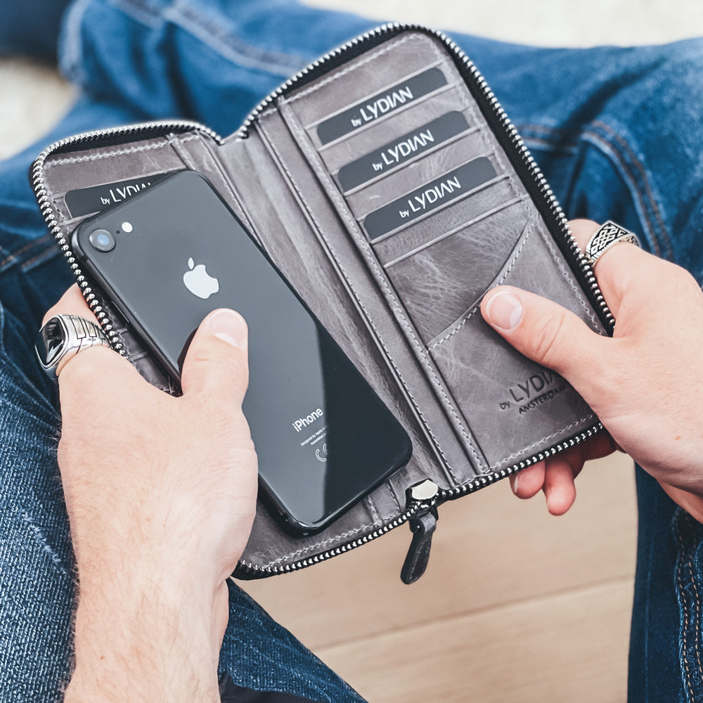 Grijze Leren Smartphone Portemonnee met 16 vakjes BLW3016-G
