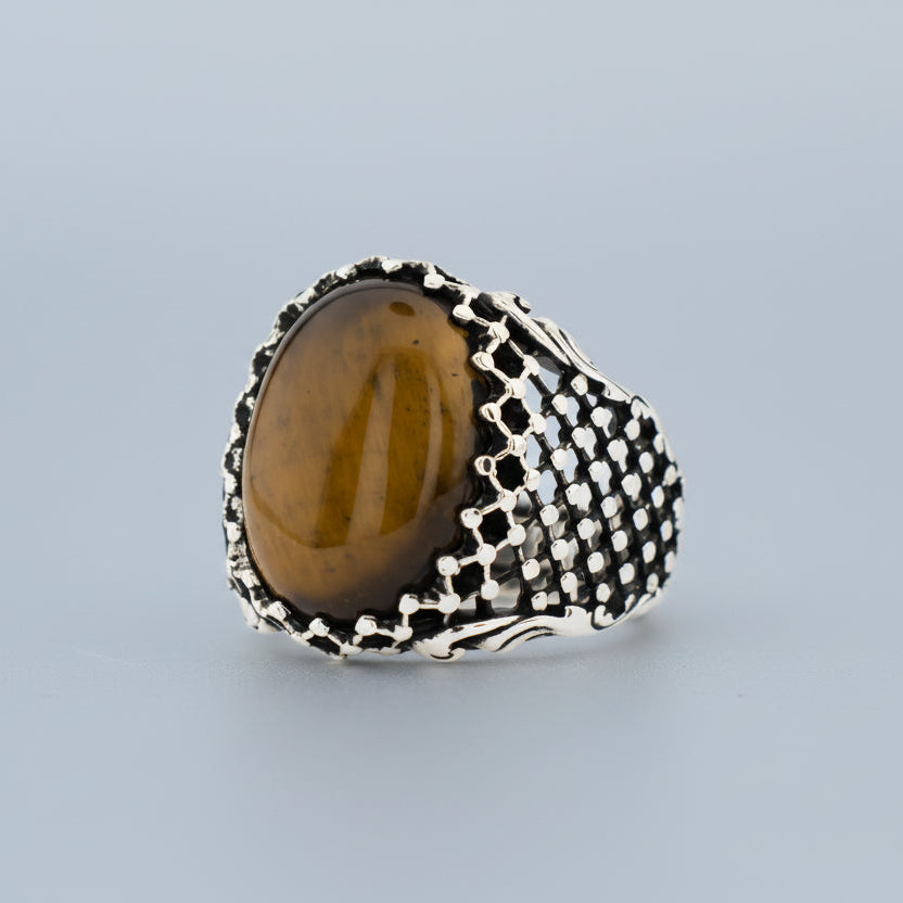 Ovale Tijgeroogsteen Sterling Zilveren Ring BLK001